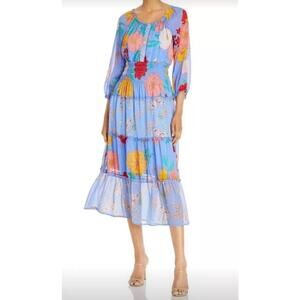 Anthropologie Figueroa & Flower Dress M Blue Floral Smocked Tiered Midi Romantic